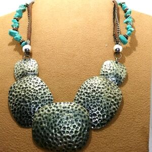Metal turquoise and leather bib necklace